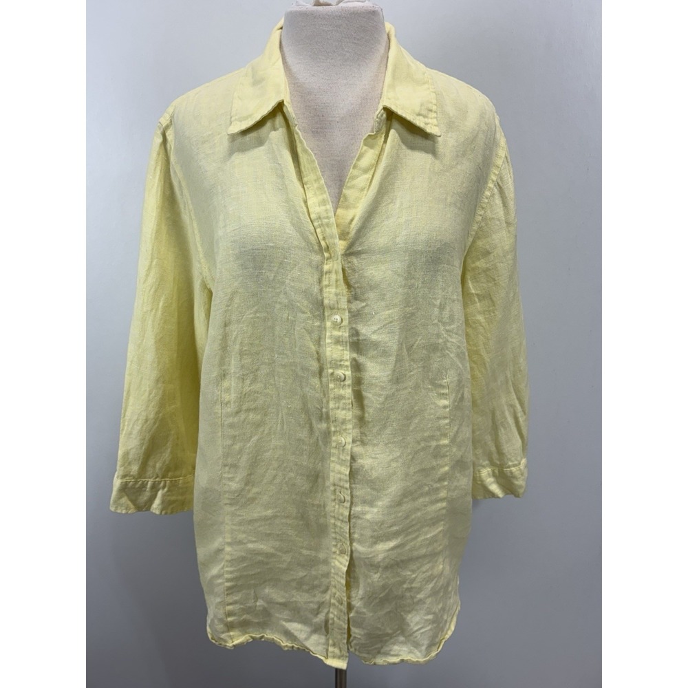 Coldwater Creek 100% Linen Shirt Sz 1X Plus Women's Yellow Button Up Coastal